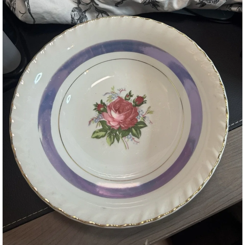 Vintage Porcelain Pink Rose Transfer Serving Bowl Scalloped Edge Japan Gold Rim